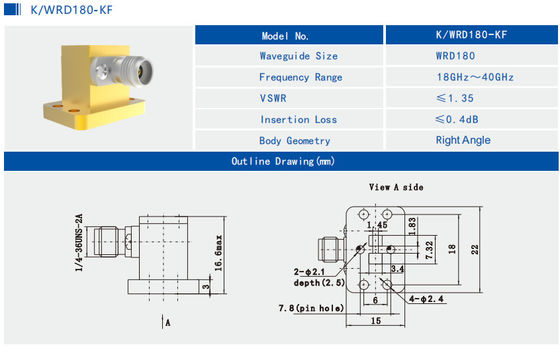 18GHz~40GHz WRD180 To K2.92mm Female Right Angle Waveguide To Coax Adapter K/WRD180-KF